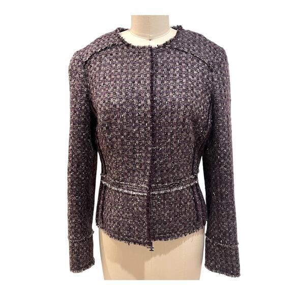 Brooks Brothers Blazer Womens Size8 Metallic Tweed Fringe Trim Round Neck Jacket - Picture 1 of 9